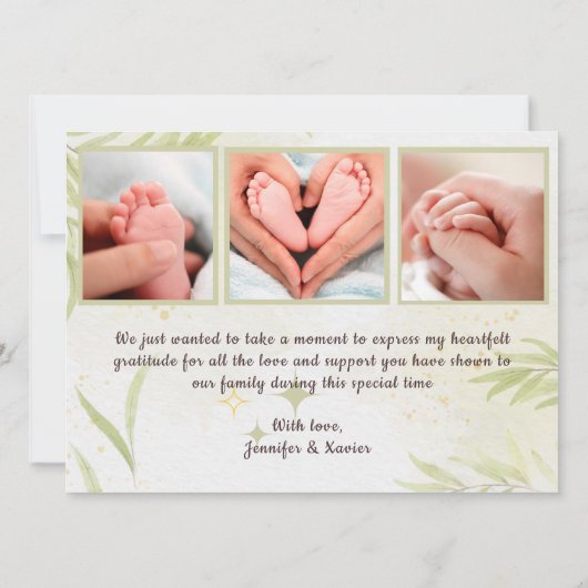 ベビー写真とゴールデン葉の誕生発表カード (裏面)