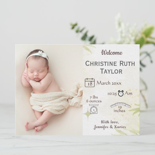 ベビー写真とゴールデン葉の誕生発表カード (スタンド正面)