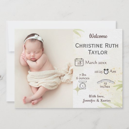 ベビー写真とゴールデン葉の誕生発表カード (正面)