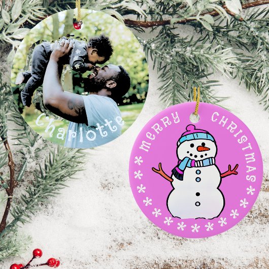 ベビー写真と可愛い雪だるま | ピンク2024 セラミックオーナメント
