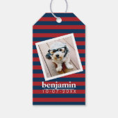 ベビー写真と誕生日かわいい男のストライプの子 ギフトタグ (正面)