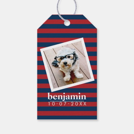 ベビー写真と誕生日かわいい男のストライプの子 ギフトタグ (正面)