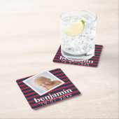 ベビー写真と誕生日かわいい男のストライプの子 スクエアペーパーコースター (インサイチュ)