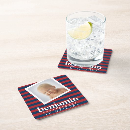 ベビー写真と誕生日かわいい男のストライプの子 スクエアペーパーコースター (インサイチュ)