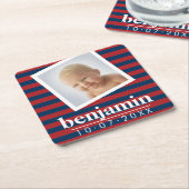 ベビー写真と誕生日かわいい男のストライプの子 スクエアペーパーコースター (アングル)