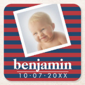 ベビー写真と誕生日かわいい男のストライプの子 スクエアペーパーコースター (正面)