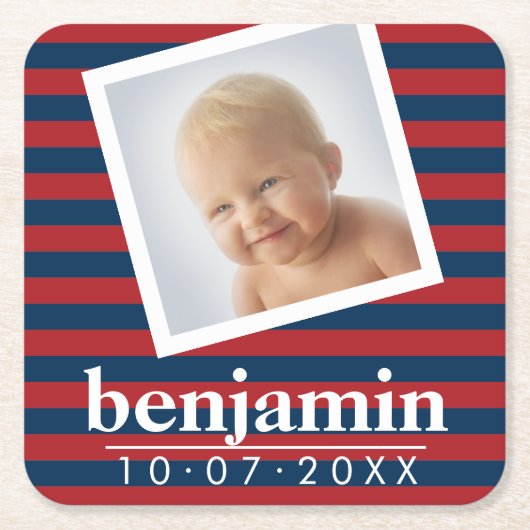 ベビー写真と誕生日かわいい男のストライプの子 スクエアペーパーコースター (正面)