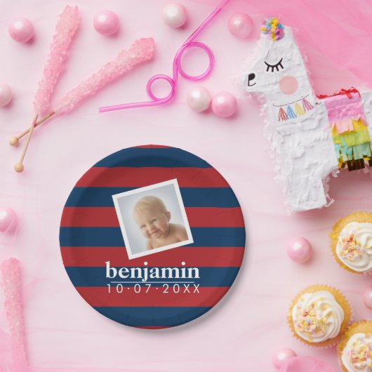 ベビー写真と誕生日かわいい男のストライプの子 ペーパープレート (パーティー)