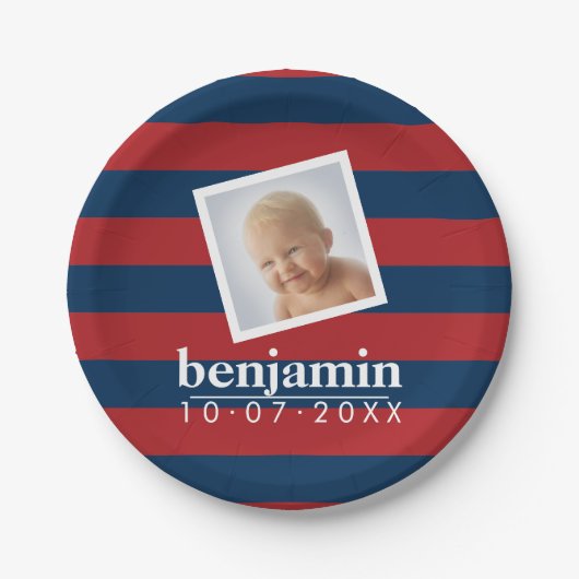 ベビー写真と誕生日かわいい男のストライプの子 ペーパープレート (正面)