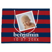 ベビー写真と誕生日かわいい男のストライプの子 ラージペーパーバッグ (正面)