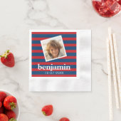 ベビー写真と誕生日かわいい男のストライプの子 縁ありカクテルナプキン (インサイチュ)