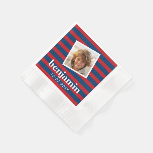 ベビー写真と誕生日かわいい男のストライプの子 縁ありカクテルナプキン (角)