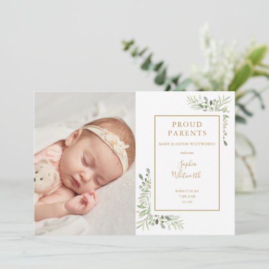 ベビー写真の緑の台本の誕生のお知らせ 案内状 (スタンド正面)
