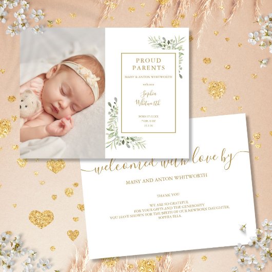 ベビー写真の緑の台本の誕生のお知らせ 案内状