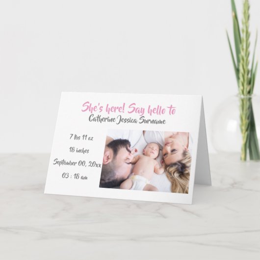 ベビー写真の誕生モダン発表ピンク・グレー カード (正面)