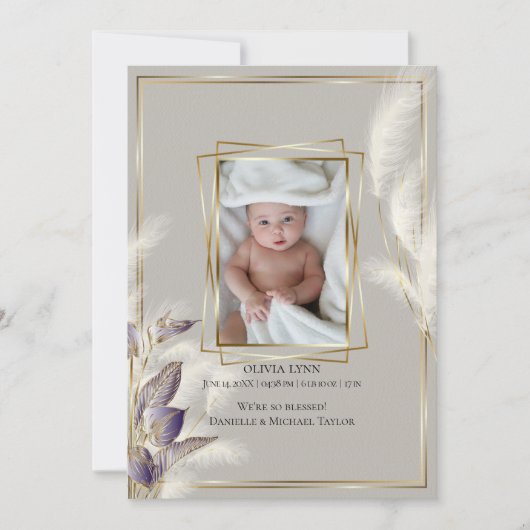 ベビー写真の誕生発表パンパスグラス 招待状 (正面)