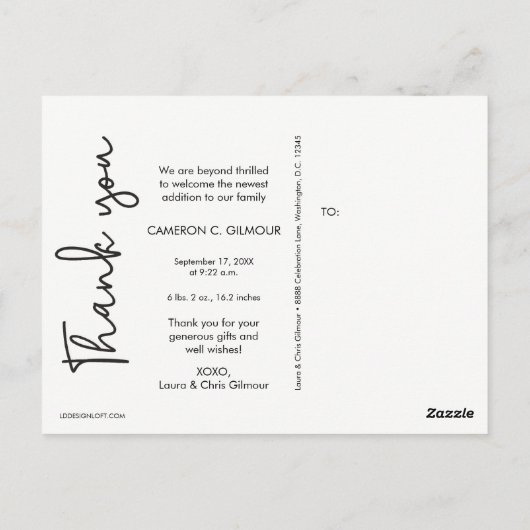 ベビー写真の誕生発表ポートレートありがとう ポストカード (裏面)