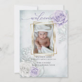 ベビー写真の誕生発表青い薄紫フローラ 招待状 (正面)