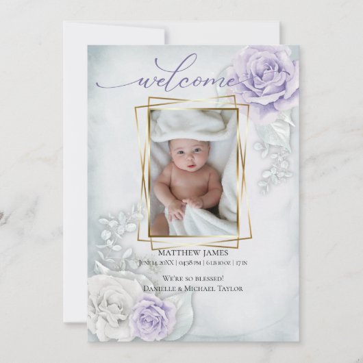 ベビー写真の誕生発表青い薄紫フローラ 招待状 (正面)