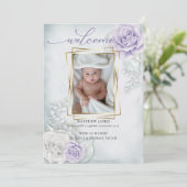 ベビー写真の誕生発表青い薄紫フローラ 招待状 (スタンド正面)