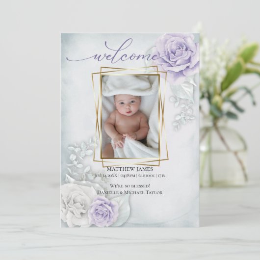 ベビー写真の誕生発表青い薄紫フローラ 招待状 (スタンド正面)