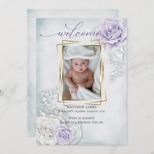 ベビー写真の誕生発表青い薄紫フローラ 招待状 (正面/裏面)