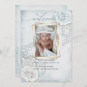 ベビー写真の誕生発表青フローラ 招待状 (正面/裏面)