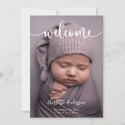 ベビー写真エレガント名スクリプト誕生 案内状 (正面)