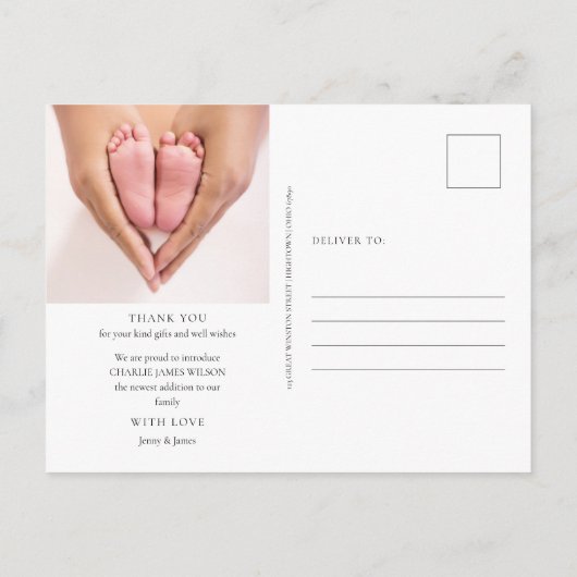 ベビー写真グリーンリー雪の冬の誕生ありがとう ポストカード (裏面)