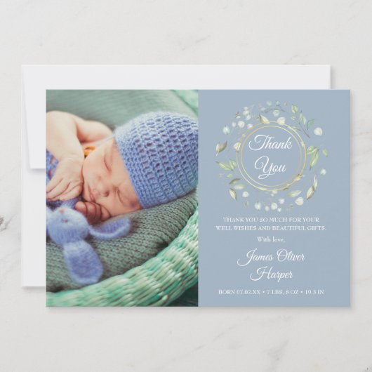 ベビー写真サンキューグリーンリーダスティブルー誕生 案内状 (正面)