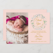 ベビー写真サンキューグリーンリー赤面ピンク誕生 案内状 (正面/裏面)