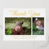 ベビー写真サンキュースクリプトモダン誕生 箔招待状ポストカード (正面)