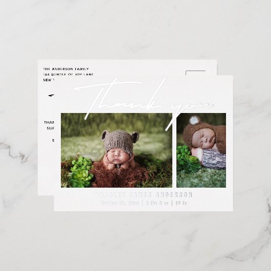 ベビー写真サンキュースクリプトモダン誕生 箔招待状ポストカード (正面/裏面)