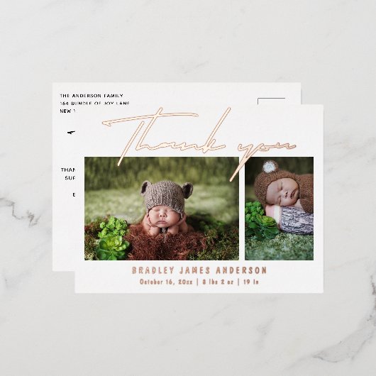 ベビー写真サンキュースクリプトモダン誕生 箔招待状ポストカード (正面/裏面)
