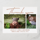 ベビー写真サンキュースクリプトモダン誕生 箔招待状ポストカード (正面)