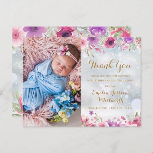ベビー写真フローラ冬の雪ありがとう誕生 案内ポストカード (正面/裏面)