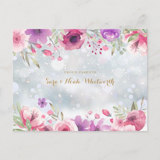 ベビー写真フローラ冬の雪ありがとう誕生 案内ポストカード (裏面)