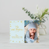 ベビー写真マイ初めてのクリスマスアクアブルー実在金ゴールド 箔シーズンポストカード (立ち正面)