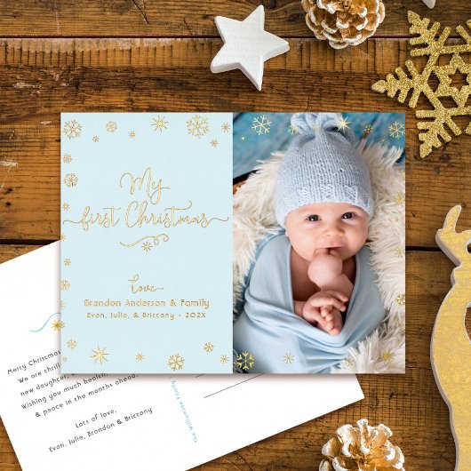 ベビー写真マイ初めてのクリスマスアクアブルー実在金ゴールド 箔シーズンポストカード