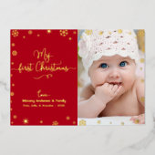 ベビー写真マイ初めてのクリスマス雪片実在金ゴールド 箔シーズンカード (正面)