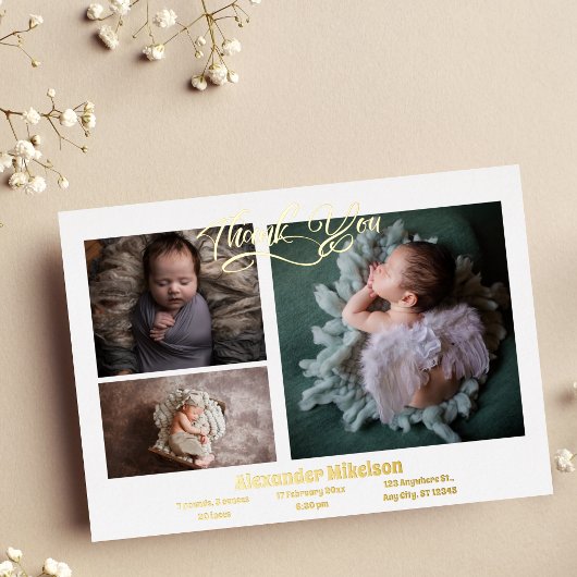 ベビー写真モダンの誕生発表 箔招待状