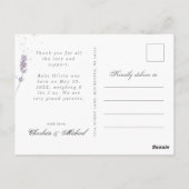 ベビー写真感謝していラバンダーの誕生発表 ポストカード (裏面)