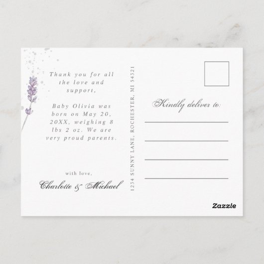 ベビー写真感謝していラバンダーの誕生発表 ポストカード (裏面)