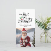 ベビー写真私たちの最初の陽気なクリスマスの挨拶 シーズンカード (スタンド正面)