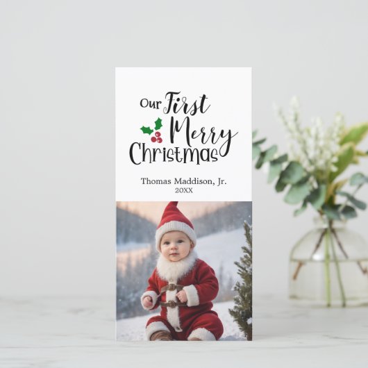 ベビー写真私たちの最初の陽気なクリスマスの挨拶 シーズンカード (スタンド正面)
