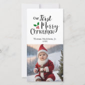 ベビー写真私たちの最初の陽気なクリスマスの挨拶 シーズンカード (正面)