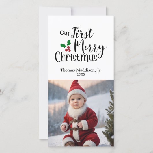 ベビー写真私たちの最初の陽気なクリスマスの挨拶 シーズンカード (正面)