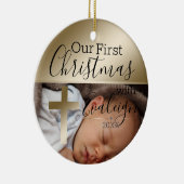 ベビー写真金ゴールド宗教十字架初めてのクリスマス セラミックオーナメント (右)
