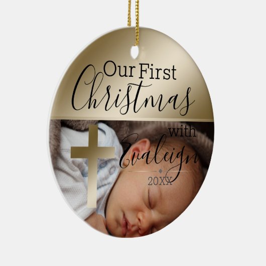 ベビー写真金ゴールド宗教十字架初めてのクリスマス セラミックオーナメント (右)