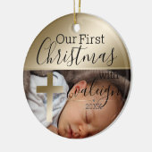 ベビー写真金ゴールド宗教十字架初めてのクリスマス セラミックオーナメント (左)